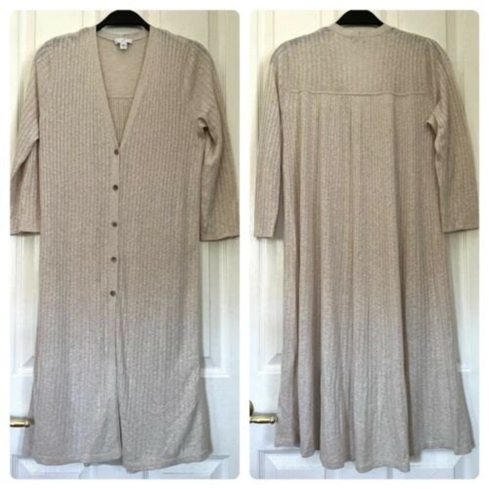 J Jill Longline Button Front Sweater XS Beige Linen Blend V-Neck Quarter Sleeves